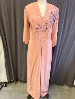 N/L, Peach Orange, Rayon, Solid, C.A., Notched Lapel, CF Hook And Eye Closure.3/4 Sleeve, Side Zipper, Pink/Blue/Purple/Green Floral and Bow  Beaded Detail.*With Self Belt*