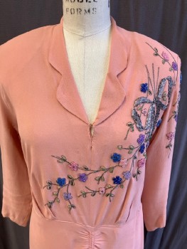 N/L, Peach Orange, Rayon, Solid, C.A., Notched Lapel, CF Hook And Eye Closure.3/4 Sleeve, Side Zipper, Pink/Blue/Purple/Green Floral and Bow  Beaded Detail.*With Self Belt*