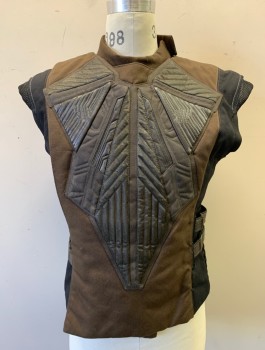 MTO, Brown, Black, Nylon, Sleeveless, Panels of Padded/Quilted Body Armor, Velcro Closure at Shoulder, Straps with Plastic Buckles at Sides, Made To Order, Futuristic