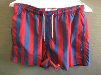 SOLID AND STRIPED, Red, Blue, Nylon, Stripes - Vertical , Swim Trunks, Elastic Waist, White Cord Drawstring At Waist, 3 Pockets, 2" Inseam