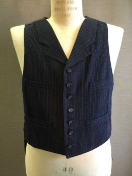 NO LABEL, Navy Blue, White, Wool, Stripes - Pin, Button Front, Lapel, Tie At Back,