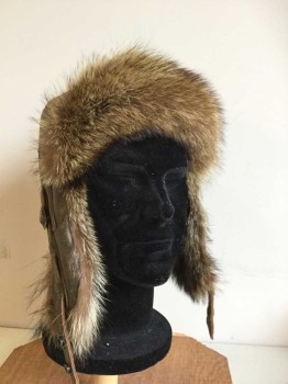 COTE CUIR, Tobacco Brown, Brown, Leather, Fur, Solid, Fully Lined In Real Fur Aviator Style Cap, Bar Code Is Frustratingly Hidden Under Back Buckle Strap, Earflaps Snap Close Under Chin