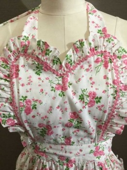 N/L, White, Pink, Green, Cotton, Floral, Full/Bib Apron, White W/Pink + Green Flowers, Ruffled Edges, Pink Ric Rac Trim, 2 Heart Shape Patch Pockets, Self Ties At Waist + Neck, Made To Order 1950's Esque