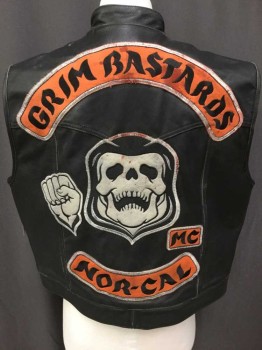 Black, Orange, White, Leather, Solid, Snap Front, 2 Pockets,  Patches, Scull, Motorcycle Gang,