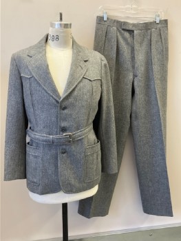 N/L, Heather Gray, Wool, Heathered, SB. Notched Lapel, Norfolk Style with A Western Yoke, 3 Button,  2 Inverted Box Pleat Patch Pockets, Attached Self Belt With Leather Buckle, MULTIPLE See FC015363,