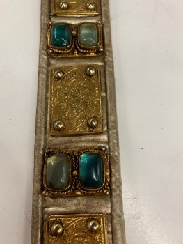 N/L, Gold, Green, Leather, Metallic/Metal, Geometric, Floral, Shimmer Gold W/gold carved Flower Rectangle & Multi Green Stone Inlay Piece Attached W/gold Buckle,