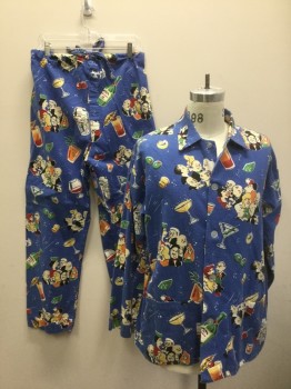 NICK & NORA, French Blue, Multi-color, Cotton, Novelty Pattern, Human Figure, French Blue with Colorful Novelty People Having Cocktails Pattern, Flannel, Long Sleeves, Button Front, Collar Attached, 2 Patch Pockets at Hips