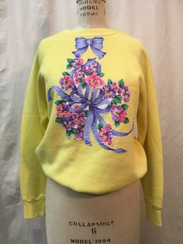 FRUIT OF THE LOOM, Yellow, Cotton, Polyester, Floral, Pink/blue/purple/green/yellow Floral and Bows Appliqué, Crew Neck,