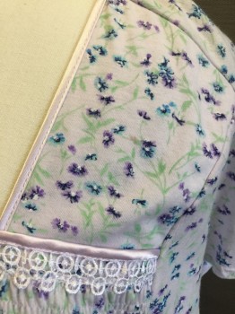 EARTH ANGELS, Lavender Purple, Purple, Mint Green, Blue, Cotton, Polyester, Floral, Square Neck with Lavender Satin Trim, White Lace Across Chest with Smocking Underneath, 1/4 Button Front, Short Sleeves, Ruffle Panel Hem, Knee Length