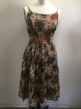 MTO, Lt Brown, Chestnut Brown, Dk Umber Brn, Dusty Green, Synthetic, Floral, Rhinestone Spaghetti Straps, Center Back Zipper, Full Skirt, Printed Chiffon Over Printed Sateen