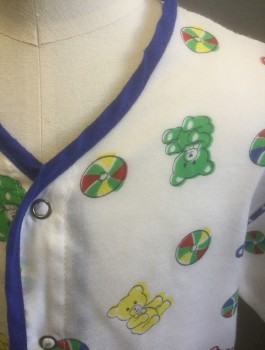 ANGELICA, White, Multi-color, Polyester, Novelty Pattern, White with Colorful Teddy Bears and Pin Wheels Pattern, Short Sleeves, V-neck, Snap Closures at Front, Royal Blue Trim