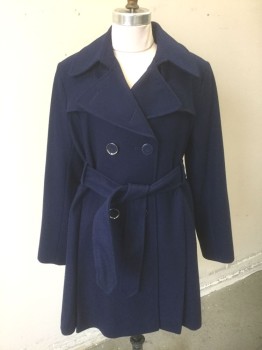 VIA SPIGA, Navy Blue, Wool, Polyester, Solid, Girls, Thick Wool, Double Breasted, Wide Lapel, Flared A-Line Shape with Pleats in Back, Lining is Cream Satin with Gray and Black Roses, **Has Self Fabric Belt
