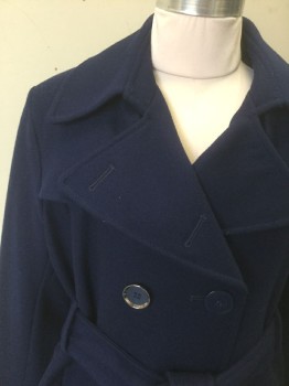 VIA SPIGA, Navy Blue, Wool, Polyester, Solid, Girls, Thick Wool, Double Breasted, Wide Lapel, Flared A-Line Shape with Pleats in Back, Lining is Cream Satin with Gray and Black Roses, **Has Self Fabric Belt