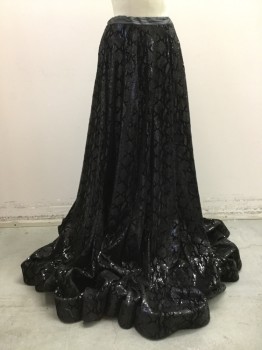 MTO, Black, Leather, Sequins, Solid, Sequin Snakeskin Pattern, Floor Length Hem, Leather Drawstring Waistband, Ties in Back, Grommet Lace Up Under Back Opening