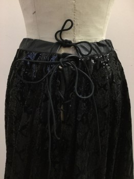 MTO, Black, Leather, Sequins, Solid, Sequin Snakeskin Pattern, Floor Length Hem, Leather Drawstring Waistband, Ties in Back, Grommet Lace Up Under Back Opening