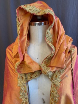 MTO, Orange, Gold, Silk, Solid, Shimmer Gold/orange with Gold Ornate Ribbons Along Trim, Hood with Gold Short Cord. with Gold Ball & Fringe, Open  Front with Brown Shimmer Gold Cord-string with Tassel Tie Front, (**1 TASSEL is MISSING)