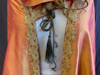 MTO, Orange, Gold, Silk, Solid, Shimmer Gold/orange with Gold Ornate Ribbons Along Trim, Hood with Gold Short Cord. with Gold Ball & Fringe, Open  Front with Brown Shimmer Gold Cord-string with Tassel Tie Front, (**1 TASSEL is MISSING)