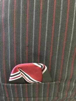 N/L, Black, Red, Gray, Polyester, Rayon, Stripes, 3 Button Closure, 3 Pockets, Chest Pocket with Sewn in Pocket Square. Stripe Front/ Solid Black Back.