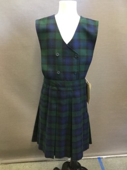 PRIVATE LINE, Dk Green, Navy Blue, Black, Wool, Polyester, Plaid, V-neck, Sleeveless, Double Breasted, Drop Pleated Skirt, Side Zipper,