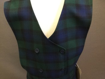 PRIVATE LINE, Dk Green, Navy Blue, Black, Wool, Polyester, Plaid, V-neck, Sleeveless, Double Breasted, Drop Pleated Skirt, Side Zipper,