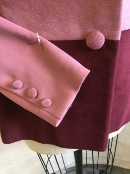 LILLI ANN (Paris), Lt Pink, Mauve Pink, Red Burgundy, Suede, Polyester, Color Blocking, MauvePink Lining, Notched Lapel, Single Breasted, 3 Self Dusty Pink Suede Cover Button Front, Solid Dusty Pink Back, Long Sleeves,