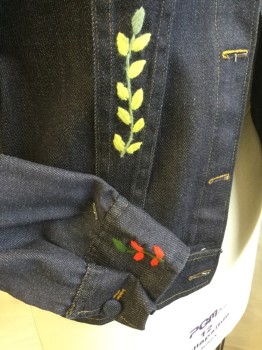 FOX 74, Steel Blue, Cotton, Solid, Floral, Denim Jean Jacket, Notched Lapel, Self Cover Button Front, 2 Pockets with Matching Button (1 MISSING Button on Right Pocket), Red/yellow/purple/green/orange Large Embroidery Flower in Front & Back and Cuffs, Long Sleeves