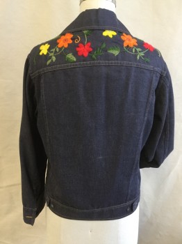 FOX 74, Steel Blue, Cotton, Solid, Floral, Denim Jean Jacket, Notched Lapel, Self Cover Button Front, 2 Pockets with Matching Button (1 MISSING Button on Right Pocket), Red/yellow/purple/green/orange Large Embroidery Flower in Front & Back and Cuffs, Long Sleeves