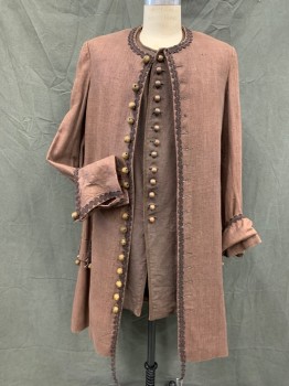 MTO, Brown, Linen, Solid, Wooden Bead Button Front, Round Collar, Brown Wavy Passementerie Trim, 2 Faux Flap Pockets, with Wooden Bead Detail, 1 Wooden Bead Button on Wide Folded Back Cuff, Center Back Slit, 1700's Reproduction