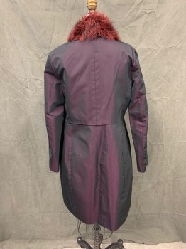 JIL SANDER, Red Burgundy, Synthetic, Solid, Iridescent Burgundy, Vertical Waist Seam Pleat, Open Front, 2 Pockets, Long Sleeves, Faux Dark Red/Black Collar/Lapel,