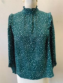 LEVI'S, Forest Green, White, Polyester, Floral, Long Puffy Sleeves, High Neck with Ruffle, Pullover, Pleats at Shoulder Seam, Smocked Cuffs, 1 Button at Back Neck