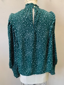 LEVI'S, Forest Green, White, Polyester, Floral, Long Puffy Sleeves, High Neck with Ruffle, Pullover, Pleats at Shoulder Seam, Smocked Cuffs, 1 Button at Back Neck