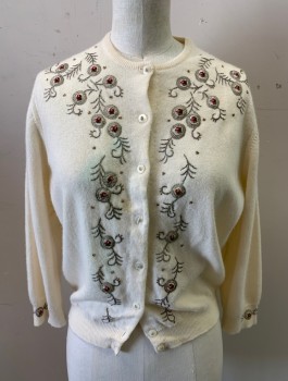 BERNHARD ALTMAN, Cream, Silver, Pink, Cashmere, Ovals, Floral, Cardigan, Knit, Embroidered Ovals With Roses, 3/4 Sleeves