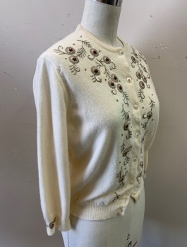 BERNHARD ALTMAN, Cream, Silver, Pink, Cashmere, Ovals, Floral, Cardigan, Knit, Embroidered Ovals With Roses, 3/4 Sleeves