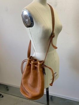 COACH, Camel Brown, Leather, Solid, Cross Body, Drawstring Closure, Pebbled Leather