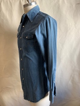 WRANGLER, Denim Blue, Cotton, Chambray,Tan Top Stitching, L/S, Snap Front, Collar Attached, 2 Pockets with Flaps, Western Yoke