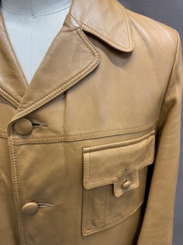 SERIES 500, Ochre Brown-Yellow, Leather, Solid, 4 Button Front, 4 Pockets with Button Flaps. Has All It's Buttons, Attached Belt Center Back,