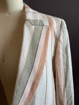 ZARA , Lt Pink, White, Black, Beige, Orange, Polyester, Synthetic, Stripes, Single Breasted, 1 White Button, Peaked Lapel, 2 Pockets, 1 Button Cuff, Unstructured