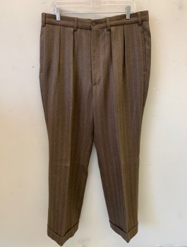 SERJ MTO, Brown, Wool, Stripes - Vertical , Tweed, Made To Order, Double Pleated, Zip Fly, Roomy Legs Tapered at Hem, Cuffed Hems, Belt Loops, 4 Pockets, Suspender Buttons at Inside Waist