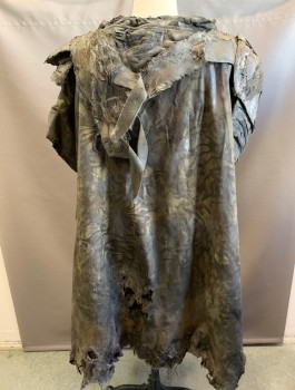 MTO, Olive Green, Tobacco Brown, Nylon, Floral, Mottled, Aged and Dirty Floral Patterned Poncho, 2 Snap Front, 4 Snaps on Sides, Textured Foam Shoulder Armor Leather Straps CB Ragged Hem