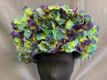 MEEKA TX CA, Lt Blue, Synthetic, Purple/Blue/Yellow-Green Hydrangea Silk Flowers Surround Hat, Few Rhinestones,