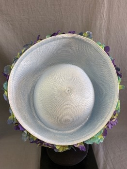 MEEKA TX CA, Lt Blue, Synthetic, Purple/Blue/Yellow-Green Hydrangea Silk Flowers Surround Hat, Few Rhinestones,