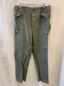 AT THE FRONT, Olive Green, Cotton, Solid, Herringbone, Reproduction WWII Army Pant, Button Fly, 2 Side High Cargo Pockets, Belt Loops