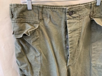 AT THE FRONT, Olive Green, Cotton, Solid, Herringbone, Reproduction WWII Army Pant, Button Fly, 2 Side High Cargo Pockets, Belt Loops