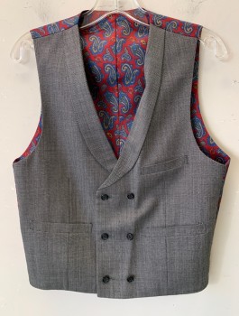 C&J, Gray, Wool, Birds Eye Weave, Double Breasted, 6 Button, 3 pocket, Shawl Lapel, Red Blue & Gold Back