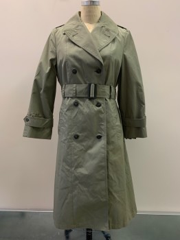 NO LABEL, Putty/Khaki Gray, Polyester, Cotton, Solid, C.A., L/S, Button Front, Double Breasted, Side Pockets, With Matching Belt, Detachable Lining