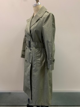 NO LABEL, Putty/Khaki Gray, Polyester, Cotton, Solid, C.A., L/S, Button Front, Double Breasted, Side Pockets, With Matching Belt, Detachable Lining