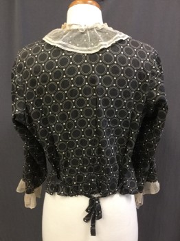 N/L, Faded Black, Cream, Cotton, Geometric, Dots, Button Front with Concealed Placket Cream Mesh Lace Ruffle Collar, Long Sleeves with Cream Mesh Lace Ruffle Cuffs in Torn, Tie Back Waist