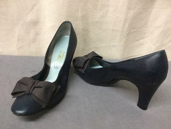 JOYCE CALIFORNIA, Navy Blue, Black, Leather, Polyester, Solid, Covered High Heel, Grosgrain Bow