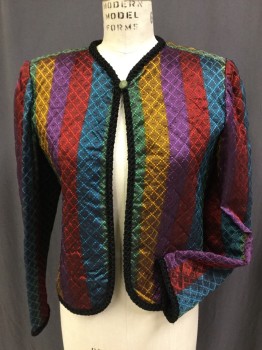 UNGARO SOLO DONNA, Green, Yellow, Purple, Red, Turquoise Blue, Acetate, Viscose, Stripes, Diamonds, Crew Neck, Long Sleeves, Quilted, 2 Inch Vertical Stripes of Color, Jacquard Diamond & Dot Pattern, Black Velvet Braided Trim , Single Button = Olive / Faceted, Lining in Black, Extra Olive Faceted Button