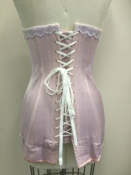 N/L, Periwinkle Blue, Pink, Lavender Purple, White, Cotton, Polka Dots, Self Small Polkadots, Lavender Lace Trim Top, Pink Satin Trim Bottom, Front Spoon Busk, Lace Up Back, Hand Sewn Grommet Holes Center Back,